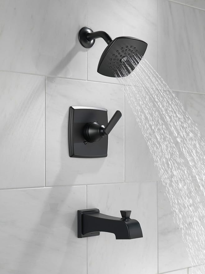Delta Ashlyn 14 Series Bathtub and Shower Faucet Set, Matte Black Shower Head - Image 2