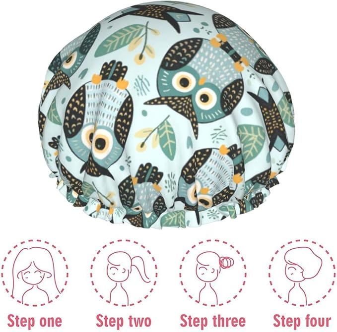 Double Layers Shower Cap for Women Girls, Owl Art Shower Hair Bath Hat Elastic - Image 7