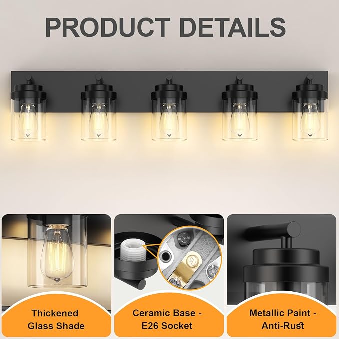IZORRO Bathroom Vanity Light Fixture, 5-Light 36 Inch Matte Black Bathroom - Image 2
