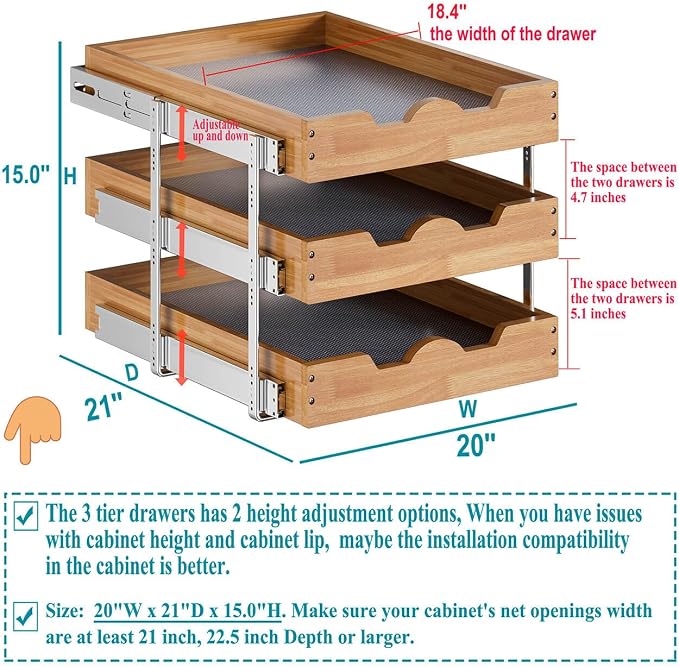 OCG Pull Out Cabinet Drawer 20" W x 21" D, 3 Tier Pull Out Cabinet Organizer - Image 3