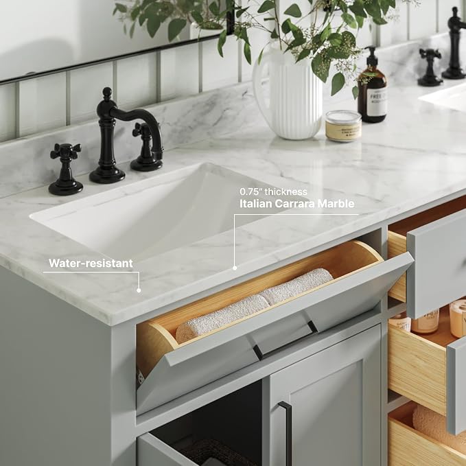 ARIEL Double Bathroom Vanity 73" Grey, Italian Carrara Marble Countertop & - Image 4