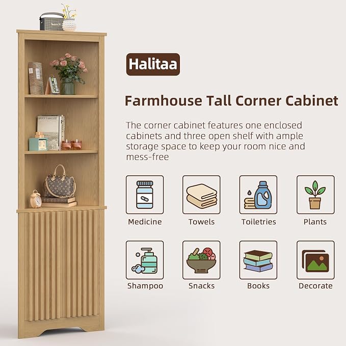 67" Tall Corner Cabinet with Doors, 5-Tier Fluted Corner Storage Cabinet with - Image 6