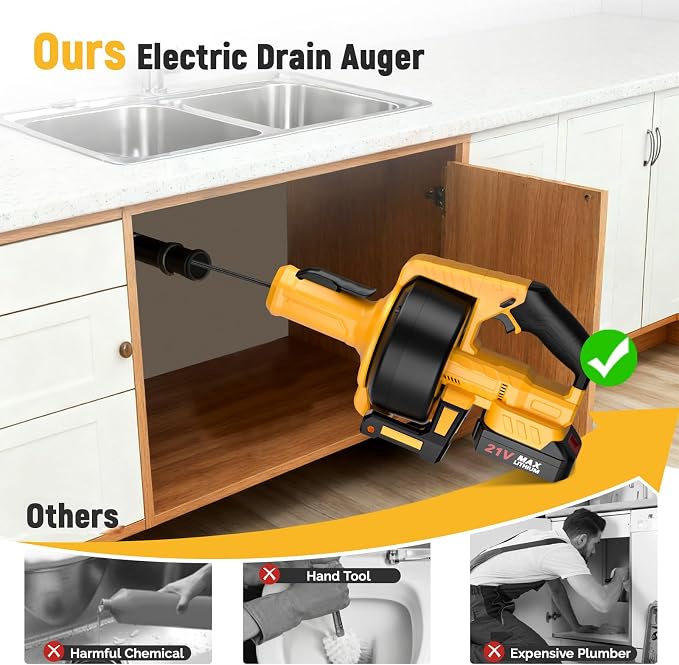 Electric Drain Auger, 21V Cordless Drain Snake, 25Ft Auto-Feed Snake Drain Hair - Image 3