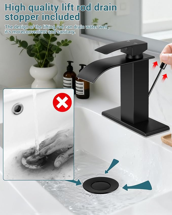 Bathroom Faucets with Lift Rod Drain Mater Black Waterfall Bathroom Sink Faucet - Image 4