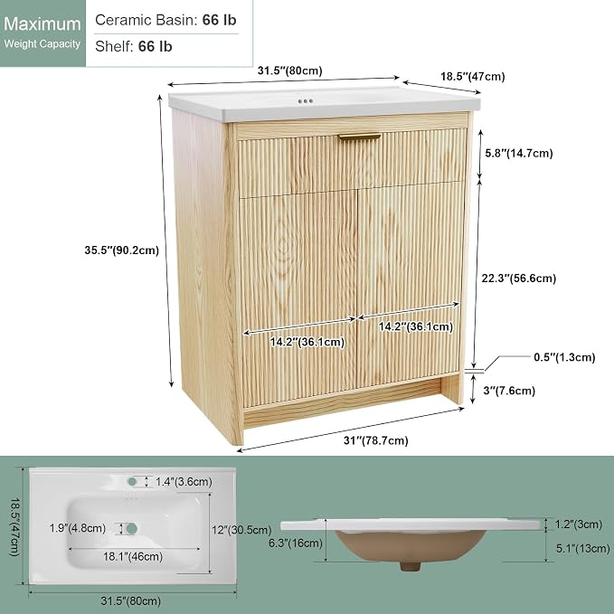 32 Inch Bathroom Vanity with Sink, Bathroom Vanity Cabinet with Single Sink - Image 2