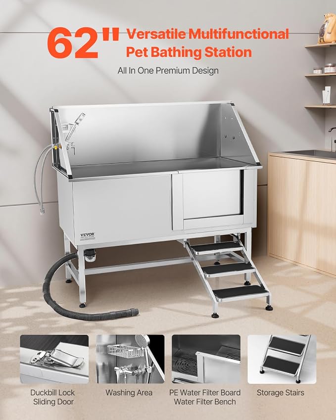 VEVOR Stainless Steel Dog Washing Station, 62 inch Pet Grooming Tub w/Stairs - Image 2