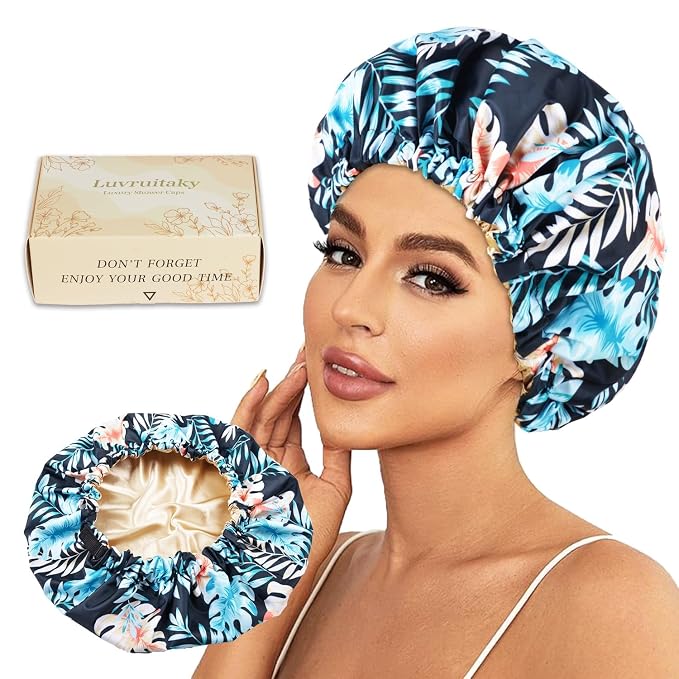 Large Shower Caps for Women Reusable Waterproof Satin Lined Shower Cap by Luvruitaky