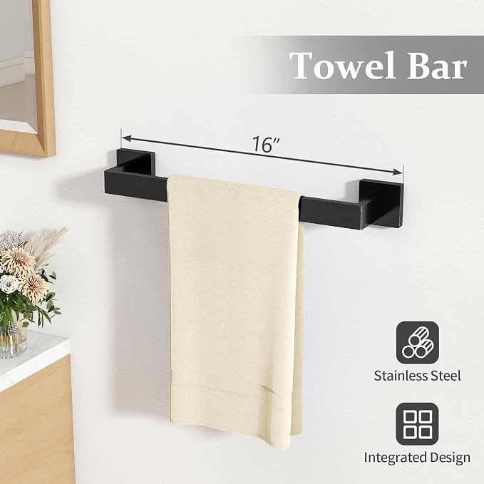Matte Black Bathroom Accessories Hardware Set 5-Piece, Stainless Steel Towel - Image 2