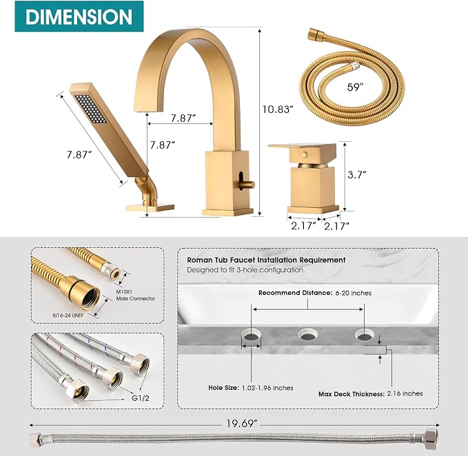 Brass Roman Tub Faucet with Sprayer, Deck Mount Bathtub Faucet with Hand Shower - Image 7
