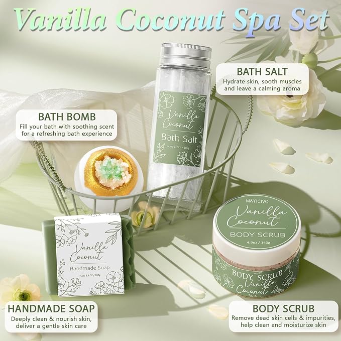 Spa Gifts for Women Bath Gift Set, Vanilla Coconut Relaxing Spa Gift Baskets - Image 5