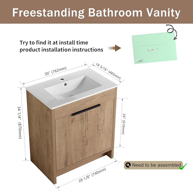 30 Inch Bathroom Vanity with Ceramic Sink, Freestanding Brown Bathroom Vanity - Image 2