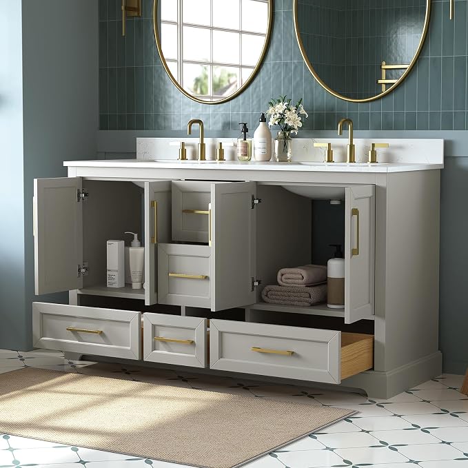 60 Inch Bathroom Vanity with Double Sink Combo, Solid Wood Frame with Mable Top - Image 4