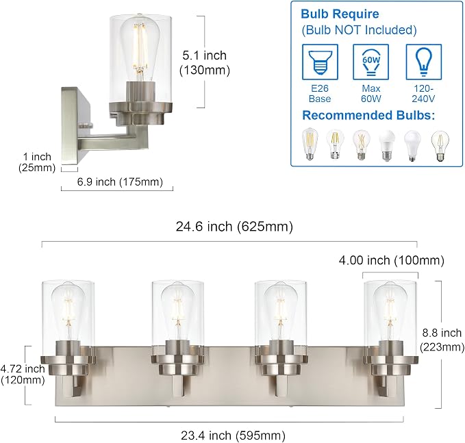 MELUCEE 4 Lights Vanity Light Brushed Nickel Modern Bathroom Lighting Fixtures - Image 6