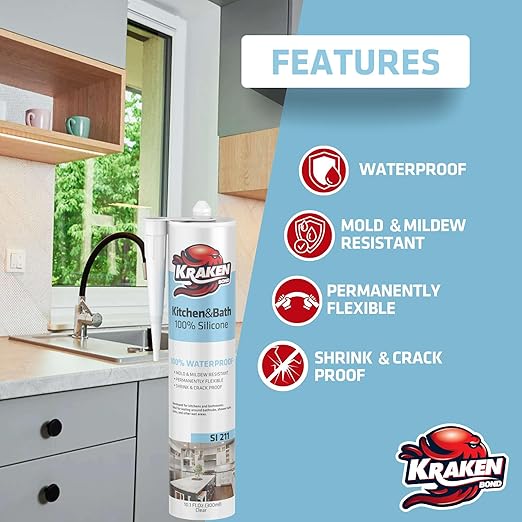 Kraken Bond Premium Kitchen and Bathroom Silicone Caulk Clear - Image 4