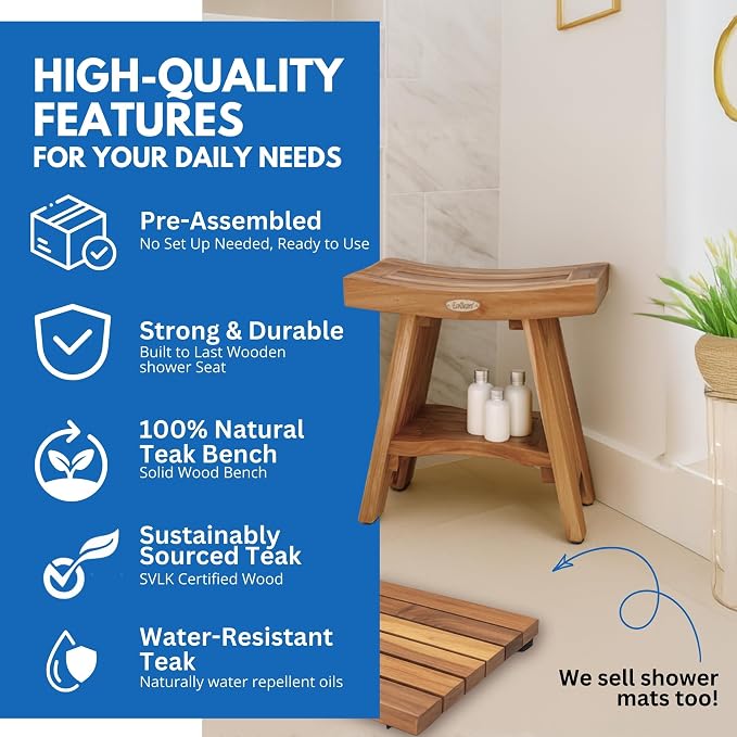 EcoDecors Serenity Teak Wood Shower Bench, Fully Assembled + 4 Pack Teak Care - Image 3