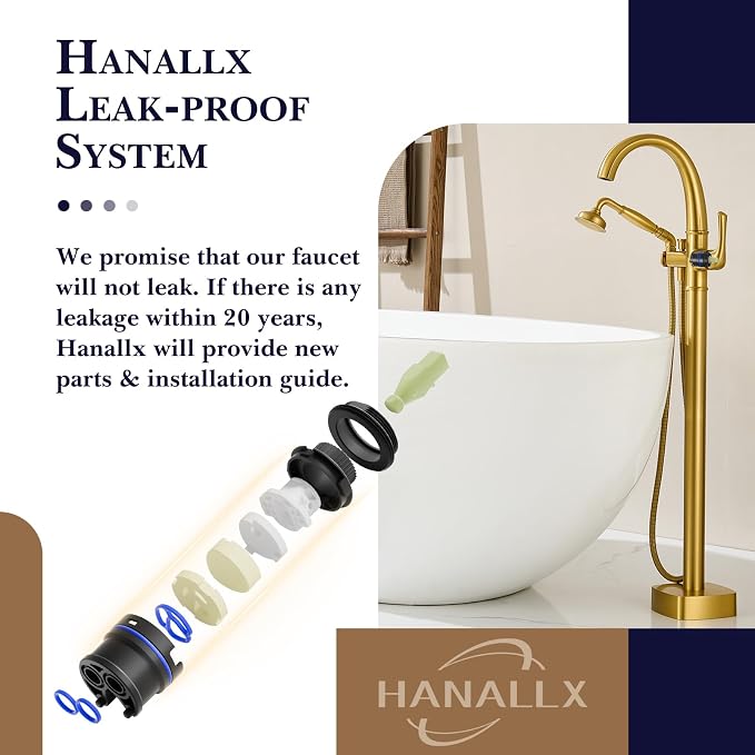 Free Standing Tub Faucet, Hanallx Luxury Brushed Gold Freestanding Bathtub - Image 5