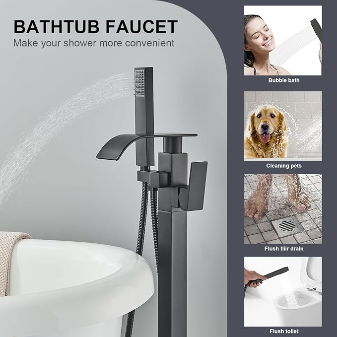 Senlesen Matte Black Free Standing Tub Faucet Floor Mounted Tub Filler Faucet - Image 3