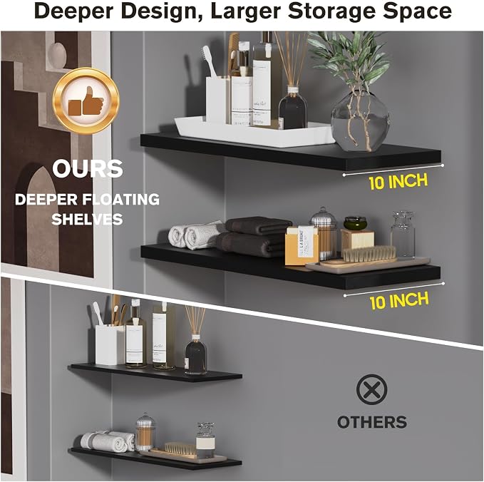Wall Shelf Set of 3, Dark Wood Floating Shelves 36 in W x 10 in D x 1 in H - Image 3