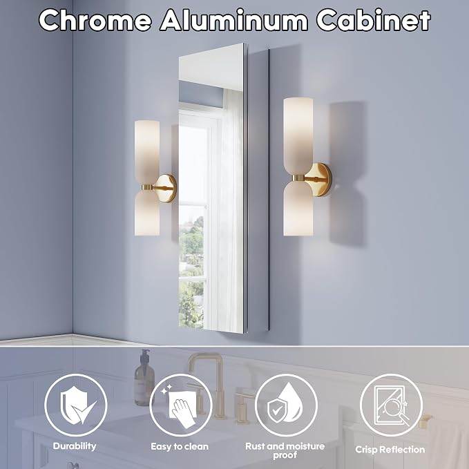 WELLFOR 12" x 36" Bathroom Medicine Cabinet, Anodized Chrome Aluminum Frame - Image 3