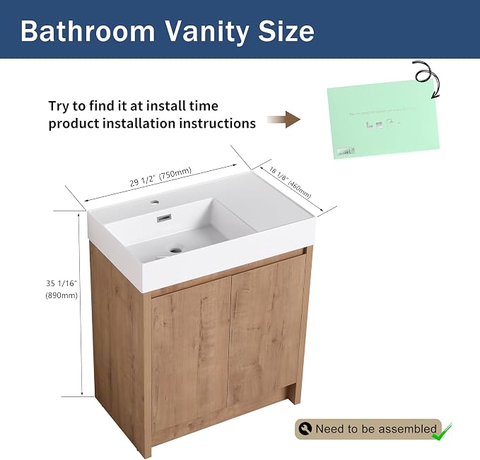 Bathroom Vanity with Sink, 30 in Freestanding Bathroom Single Sink Cabinet - Image 2