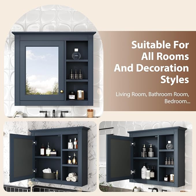 30'' x 28'' Blue Medicine Cabinet, Wall Mounted Bathroom Storage Cabinet - Image 3