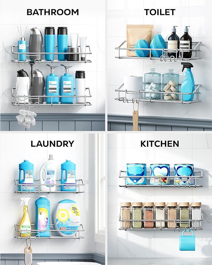 Nieifi Shower Caddy Shelf with Hooks Storage Rack Organizer Adhesive Stainless - Image 6