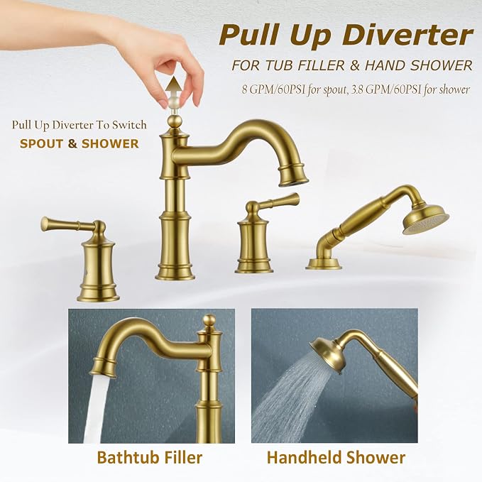 Roman Bathtub Faucet Set With Hand Shower 4 Hole Deck Mount Tub Filler With - Image 3