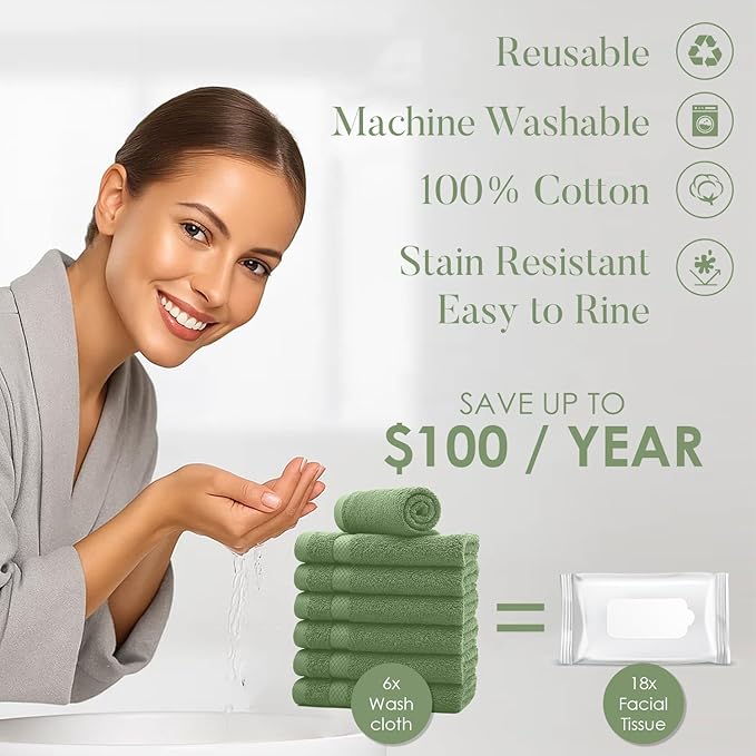 DAN RIVER 12-Pack Premium 100% Cotton SAGE Green Face Towels – Reusable Face - Image 3