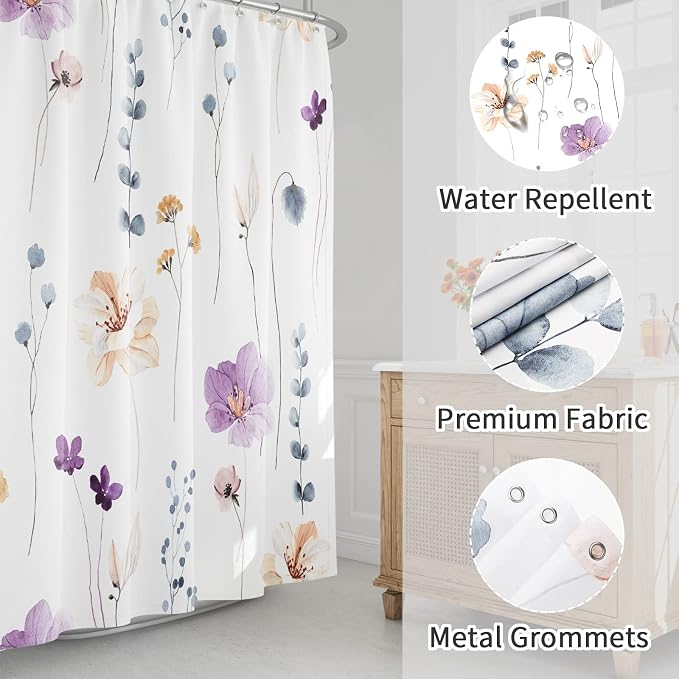 Gibelle Watercolor Floral Shower Curtain, Modern Minimalist White Waterproof - Image 3