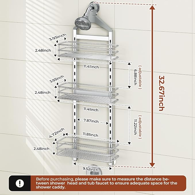 Orimade Aluminum Hanging Shower Caddy Over Head, Adjustable Anti-Slip Bathroom - Image 8