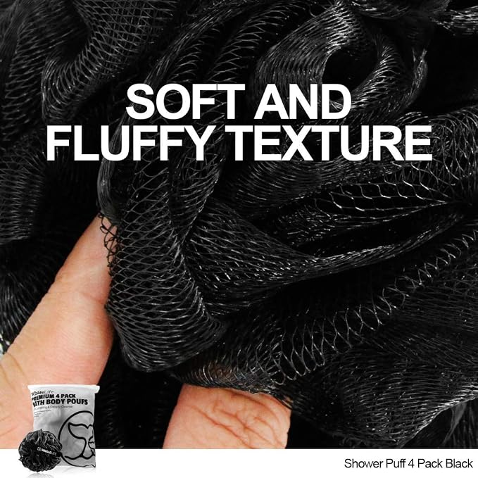 Shower Puff 4 Pack Black Bath Sponge Shower Loofahs Pouf Ball Nature Bamboo - Image 4