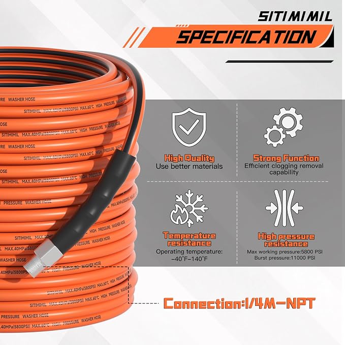 Sewer Jetter Kit for Pressure Washer 200FT, 5800psi Drain Cleaner Hose 1/4 Inch - Image 2