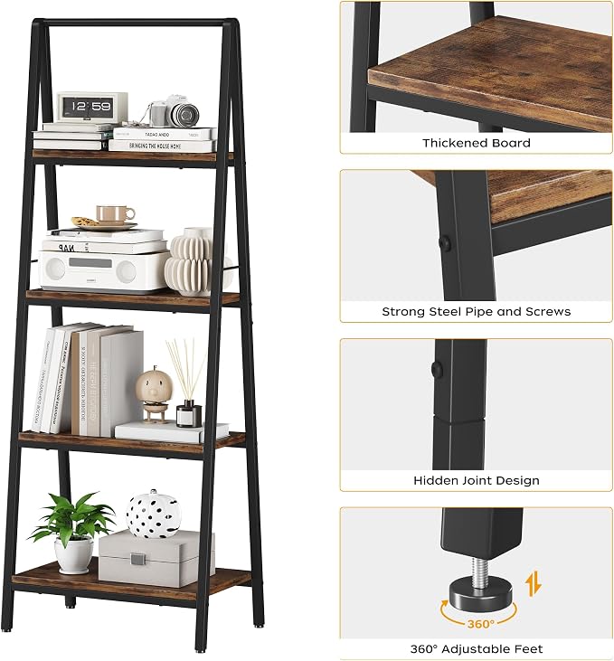 Homeiju 4-Tier Leaning Ladder Bookshelf, Rustic and Wood Ladder Shelf Bookcase - Image 7