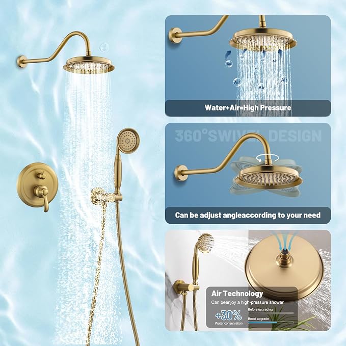 Antique Shower Head Faucet Set, Brushed-Gold Vintage Wall Mount Shower Faucets - Image 4