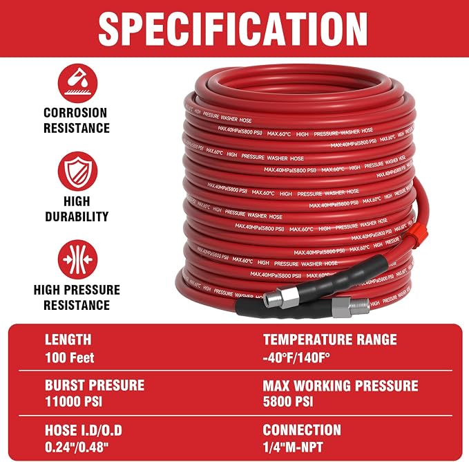Sewer Jetter Kit 100FT for Pressure Washer, 5800 PSI Drain Cleaner Hose 1/4 - Image 7