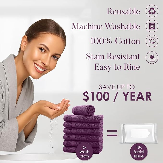 DAN RIVER 12-Pack Premium 100% Cotton Purple Passion Face Towels – Reusable - Image 3