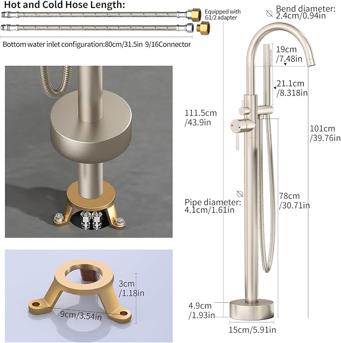 Freestanding Bathtub Faucet Waterfall Tub Filler Brushed Nickel Floor Mount - Image 5