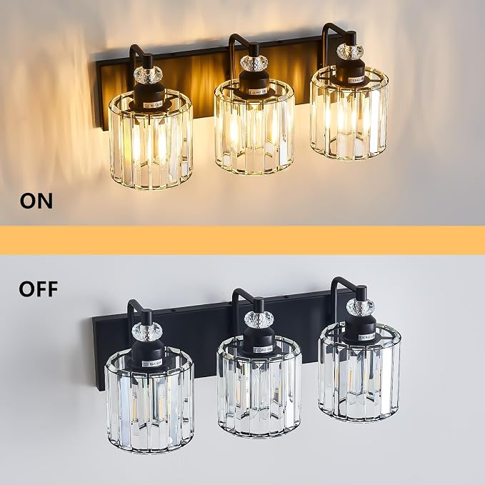 3-Light Black Bathroom Light Fixtures Over Mirror Modern Vanity Lights Crystal - Image 5