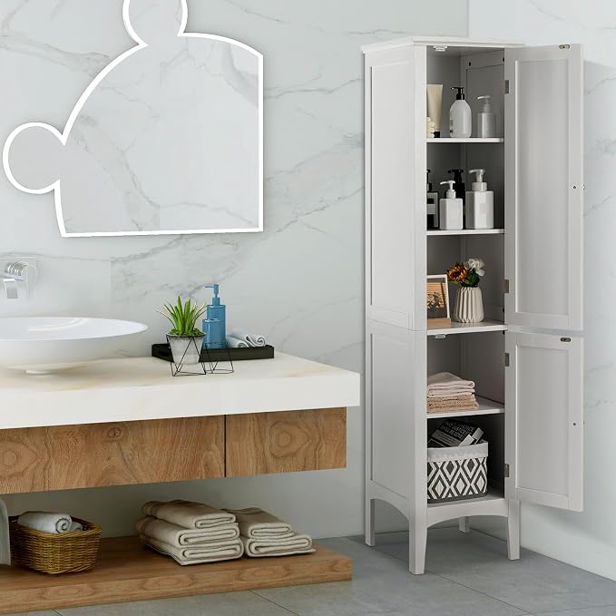 COSTWAY Tall Bathroom Storage Cabinet, 5-Tier Freestanding Linen Tower Cabinet - Image 2