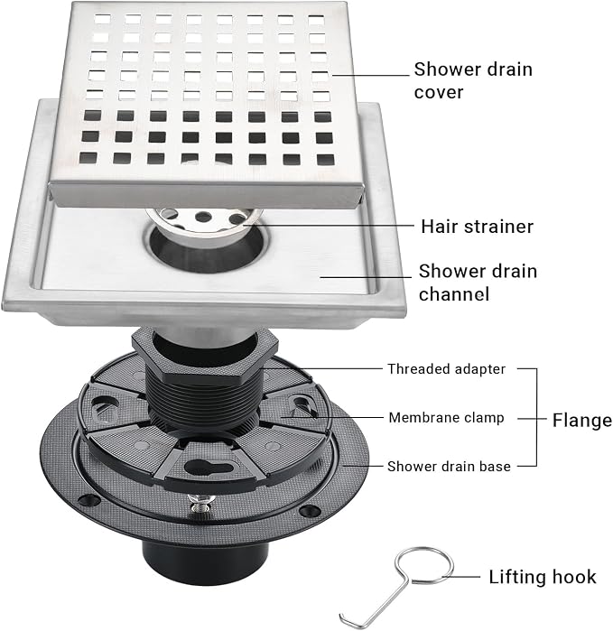 4 Inch Square Shower Floor Drain, Stainless Steel Black Shower Drain Kit - Image 3