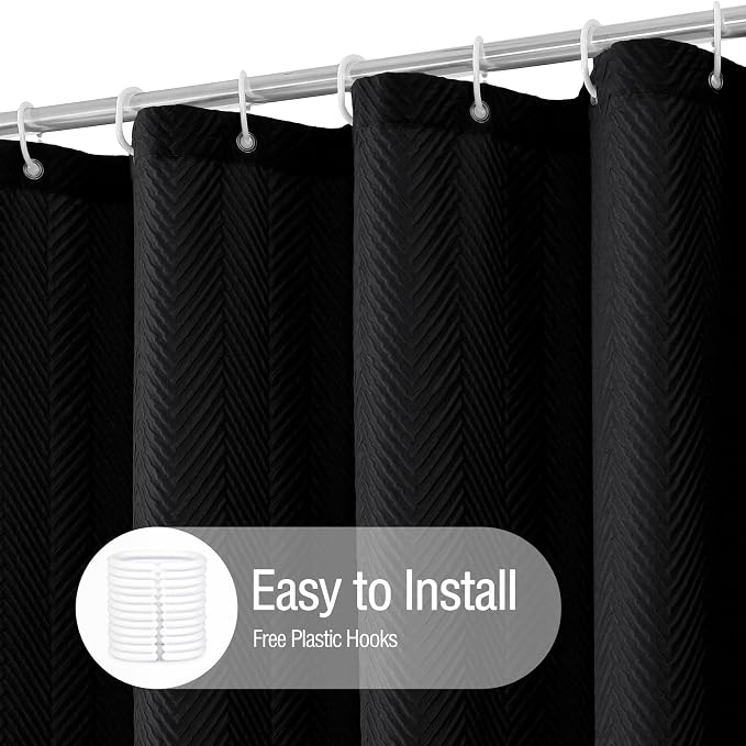 Gibelle Black Shower Curtain, 3D Embossed Textured Herringbone Fabric Shower - Image 4