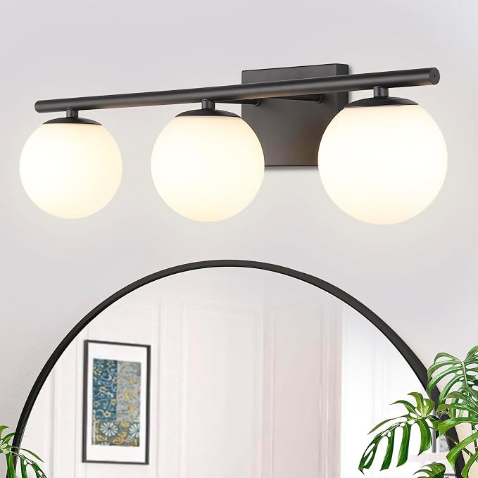 New Bathroom Vanity Light Fixtures 3 Lights Brushed Black Milk White Globe by Enjoyyourhealthylife