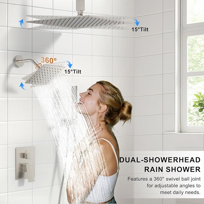 Rain Shower System Brushed Nickel Shower Faucet Set, Dual Rainfall Shower Head - Image 3