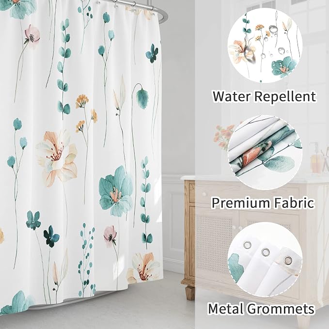 Gibelle Watercolor Floral Shower Curtain, Teal Beige Flower Shower Curtain - Image 3