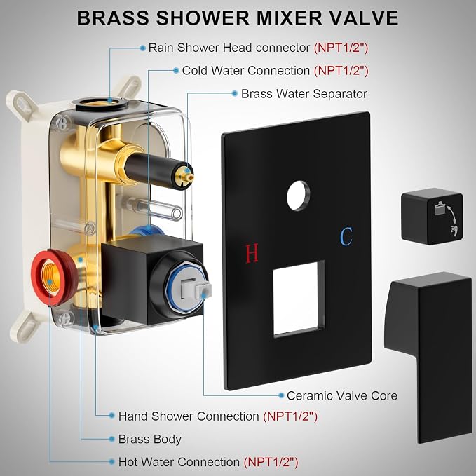 Black Shower System, Shower Faucet Set Bathroom Square Rain Shower Head and - Image 6