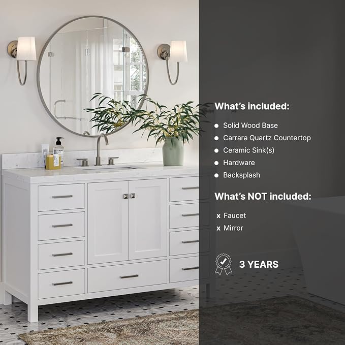 ARIEL Cambridge 54" White Bathroom Vanity, 1.5" Edge Carrara White Quartz - Image 9