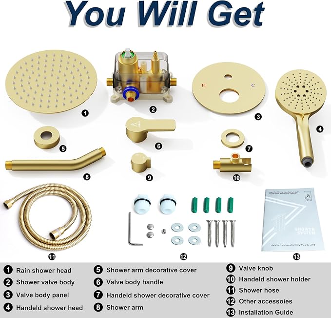 Shower Faucet Set Brass 10IN Rough-In Valve Body Trim Kit Rainfall Included - Image 7