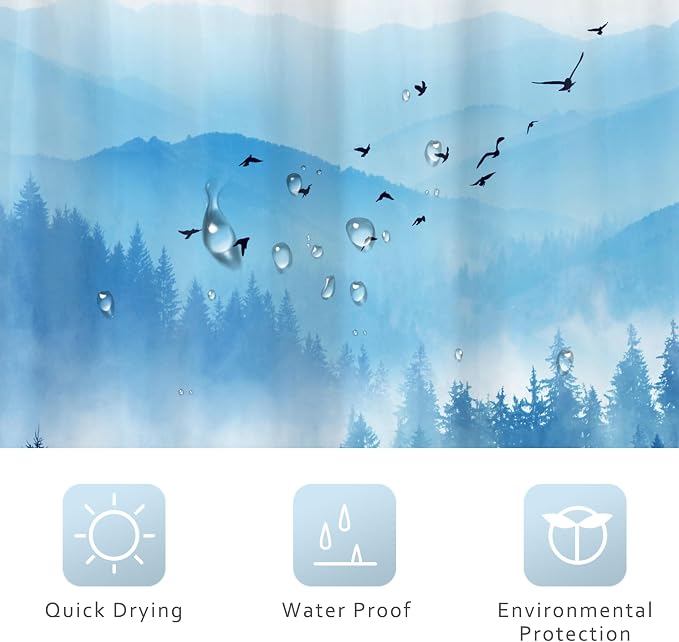 Riyidecor Navy Blue Mountain Shower Curtain 72Wx84H Inch Extra Long Woodland - Image 7