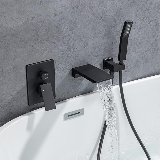 Roman Tub Filler Faucet with Waterfall Spout Wall Mounted Single Handle Bathtub - Image 2