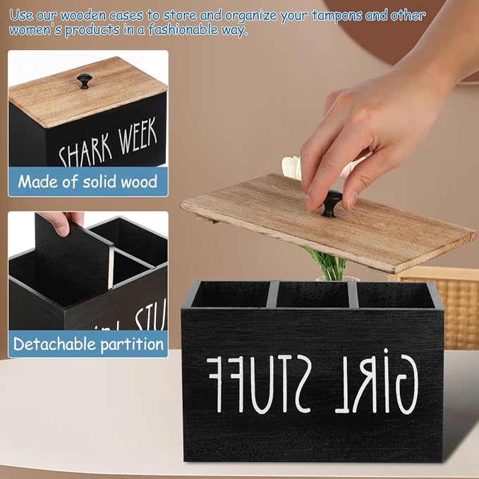 Wooden Tampon Storage Box for Bathroom, 3 Compartment Sanitary Napkin Organizer - Image 4